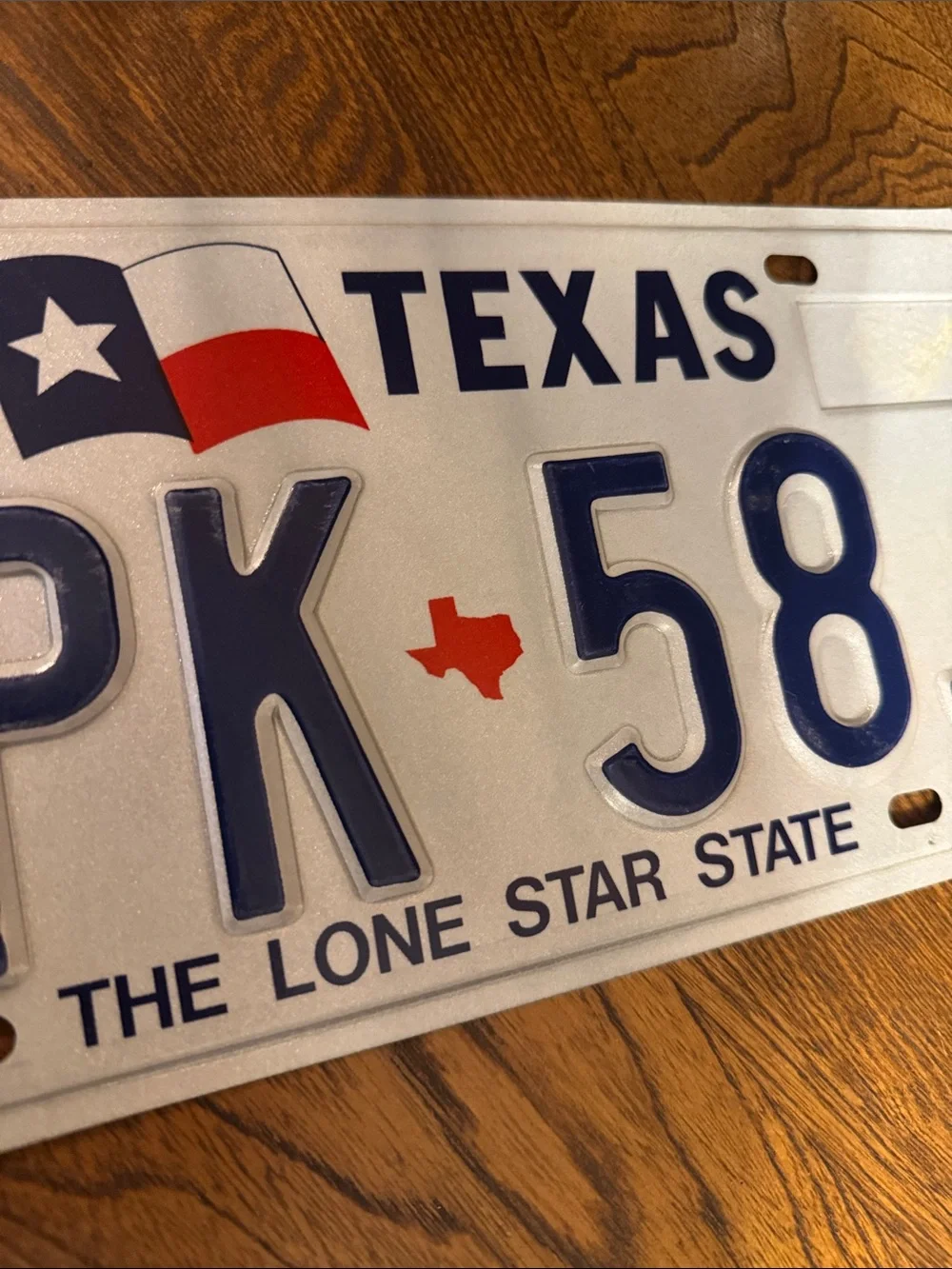 Texas Steel VTG License Plate "SPK-58J" - White & Navy with Red Detail - Picture 4 of 5